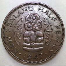 NEW ZEALAND 1947 . HALF 1/2 PENNY . ERROR . PLANCHET FLAW